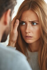 Fototapeta premium Discomfort At Work, Man Invasive Gesture Towards Female Colleague, Uneasy Relationship