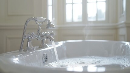 Luxurious bathroom, tub filling, steamy water, bright window, relaxation