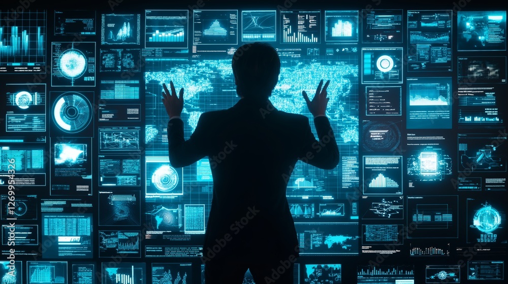 Poster business professional analyzing futuristic data screens, symbolizing ai, digital transformation, inn