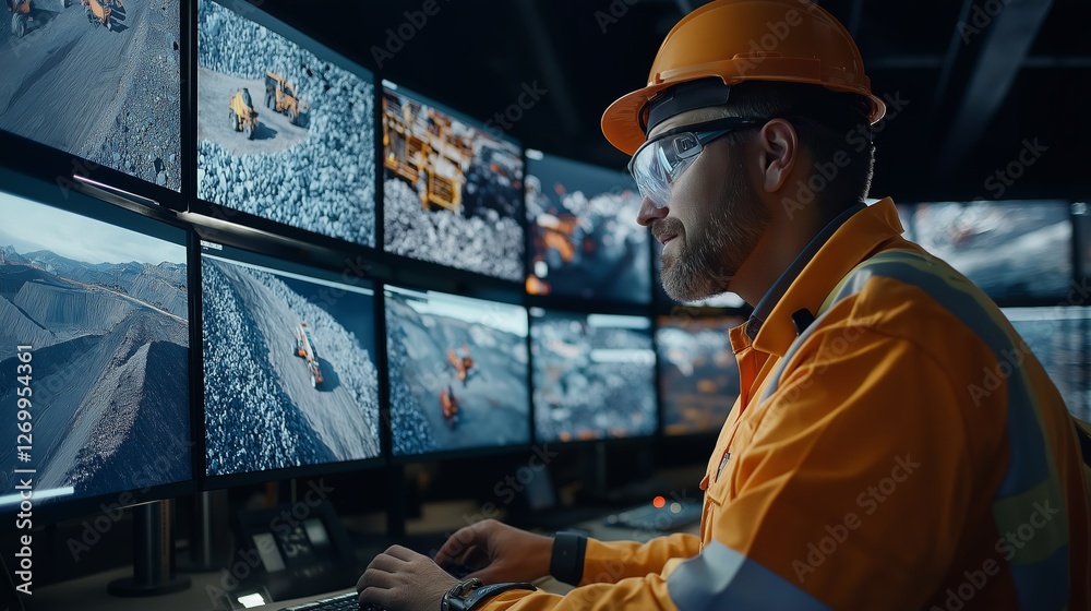 Aufkleber Mining operator monitoring multiple screens with high-tech surveillance, symbolizing industry safety, digital transformation, automation, and remote mining control, Generative AI