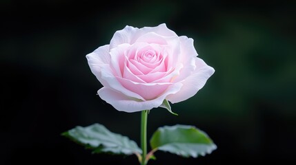 Fototapeta premium Single light pink rose blooming on a green stem outdoors in soft natural light.