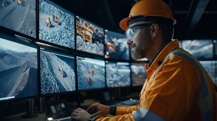 Mining operator monitoring multiple screens with high-tech surveillance, symbolizing industry safety, digital transformation, automation, and remote mining control, Generative AI