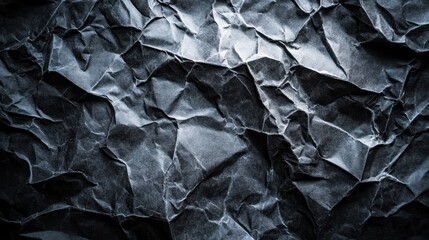 Close-up of crumpled black paper texture, creating a dramatic and abstract background with deep shadows and highlights.