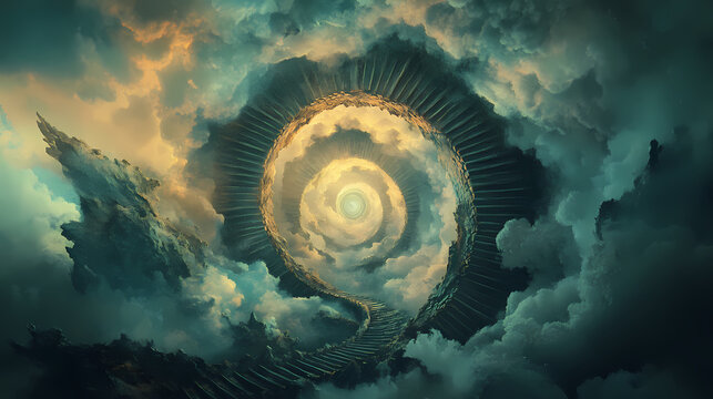 A spiral staircase ascends into mysterious doorway amidst dark clouds, evoking sense of wonder and curiosity about what lies beyond. Infinity Staircases. Illustration