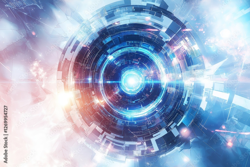 Poster futuristic digital energy core with glowing light, symbolizing ai, cybersecurity, quantum computing,