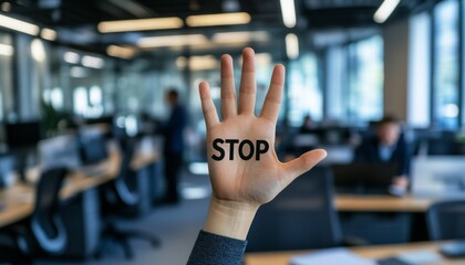 Fototapeta premium Stop Harassment. Woman s Hand With Stop Sign, Blurred Office Background, Concept Of Workplace Issue