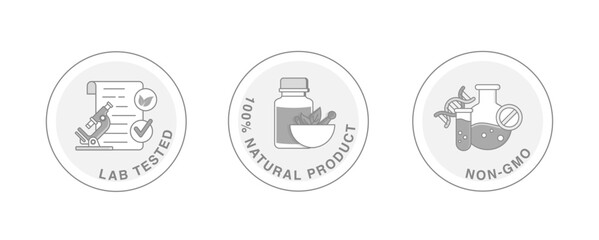 Vector icon set featuring Lab Tested Certification, 100% Natural Product, and Non-GMO Verification, designed for health, wellness, and organic product branding.