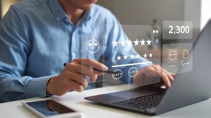 Man provides feedback or review using laptop and stylus