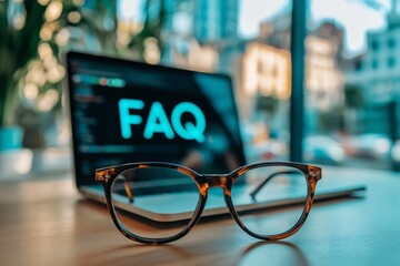 Eyeglasses on a wooden desk with a laptop displaying the word FAQ, symbolizing knowledge, online help, customer support, and digital assistance, Generative AI