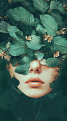 Serene Green: Surreal Floral Portrait Celebrating Artistic Expression and Natural Beauty