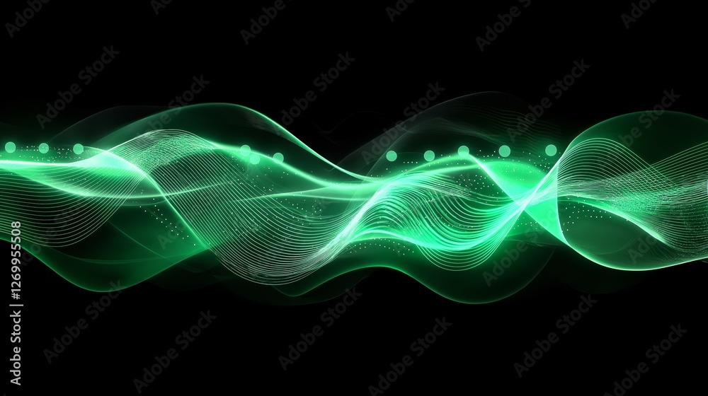 Poster futuristic green digital wave pattern on a black background, representing technology, sound waves, d