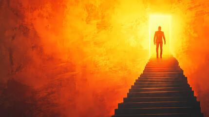 Man steps up the endless ladder into the light. Infinity Staircases. Illustration