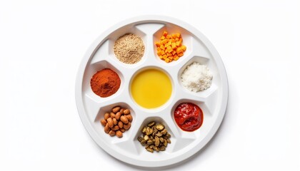 Assorted spices and ingredients in a circular white platter  