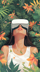Immersive Virtual Reality Experience Amidst Nature: Female Portrait in Tropical Environment with Futuristic Headset