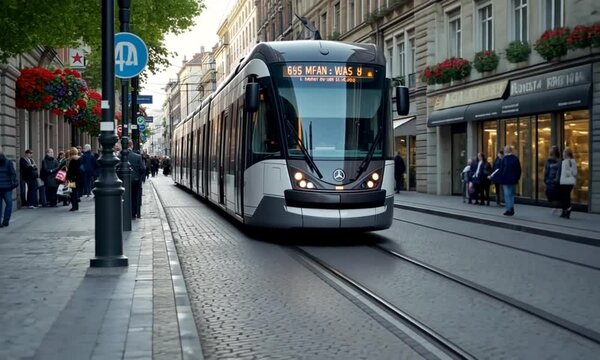 European city street tram moving. Busy street scene. Public transport