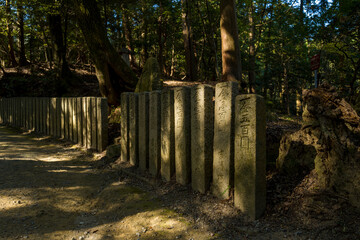 Fototapeta premium The path surrounded by steles around the Engyoji Maniden in Himeji in Asia, Japan, Kansai, Himeji, in summer, on a sunny day.