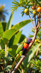 Vibrant lorikeet perched among tropical foliage, natural beauty