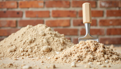 Trowel revealing sand heap near brick wall, construction concept