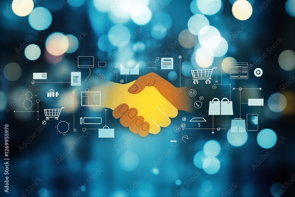 Poster digital handshake with connected icons representing online business, trust, commerce, and futuristic