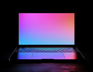 Minimalistic modern laptop with a gradient screen glowing in a dark environment