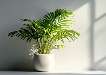 Obraz premium A vibrant tropical house parlor palm, featuring lush green fronds and a slender stem, sits elegantly in a modern white ceramic pot against a transparent background