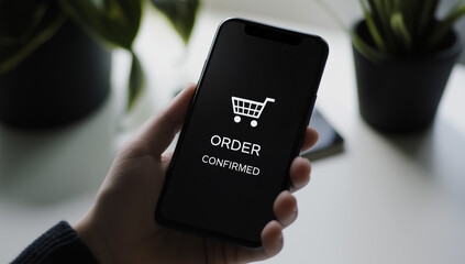 Smartphone screen displaying order confirmation symbolizing e-commerce, digital transactions, mobile payments, and the convenience of online shopping and retail purchases