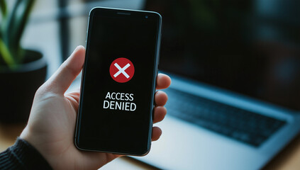 Smartphone screen displaying access denied warning symbolizing cybersecurity, data protection, hacking prevention, privacy restrictions, and online security concerns