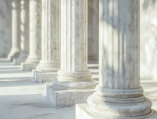 White marble columns in classical architecture, symbolizing law, stability, power, government institutions, and historical heritage in bright daylight