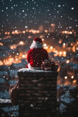 Santa Claus Takes a Break Atop a Snowy Chimney, Contemplating a City Aglow, Christmas Eve Magic