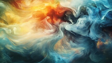 Obraz premium A mesmerizing abstract swirl of vibrant colors, blending warm oranges and cool blues, creating a dynamic and ethereal atmosphere.