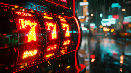 Slot machine jackpot with glowing red sevens in a neon casino night, symbolizing luck, gambling, risk, entertainment, and the thrill of winning in the gaming industry