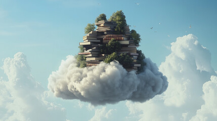Fototapeta premium Floating island of books in the sky, surreal fantasy knowledge concept, symbolizing imagination, wisdom, learning, literature, creativity, and the limitless power of knowledge