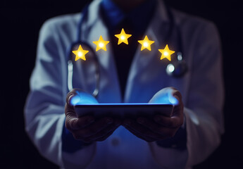 Medical professional holding tablet with glowing five-star patient satisfaction rating, symbolizing healthcare excellence, trust, digital medical services, and positive doctor-patient relationships