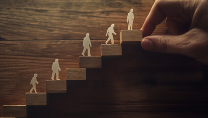 Business leadership and career growth concept represented by a wooden staircase with small figures, symbolizing personal development, success, professional achievement, motivation, and corporate leade