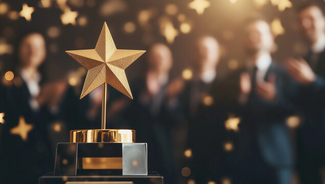Golden star trophy on stage with a blurred audience clapping in celebration, symbolizing achievement, excellence, awards, recognition, business success, and professional milestones in a corporate or e