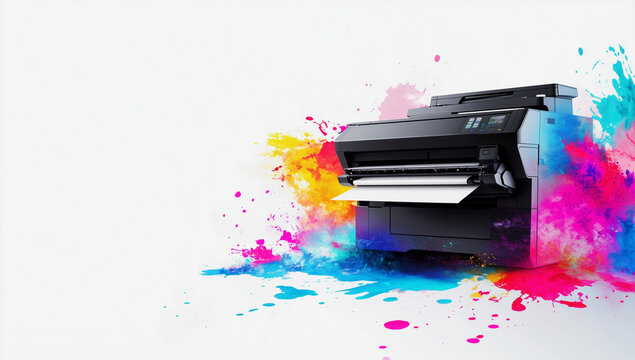 Color ink explosion from a modern printer, symbolizing digital printing technology, creativity, graphic design, high-quality printing, and professional media production in vibrant and dynamic visual a