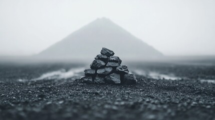 Stacked rocks on black volcanic landscape, misty mountain peak