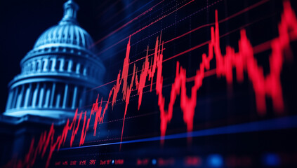 Stock market crisis and financial instability concept with red declining graph and US Capitol building in background