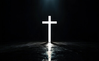 Naklejka premium Silhouette of man kneeling in prayer before illuminated cross, symbolizing faith, repentance, and devotion in Christian belief