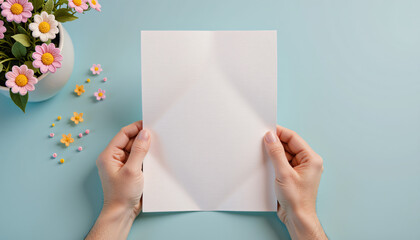 Hands holding blank white card with flowers for greeting and invitation mockup