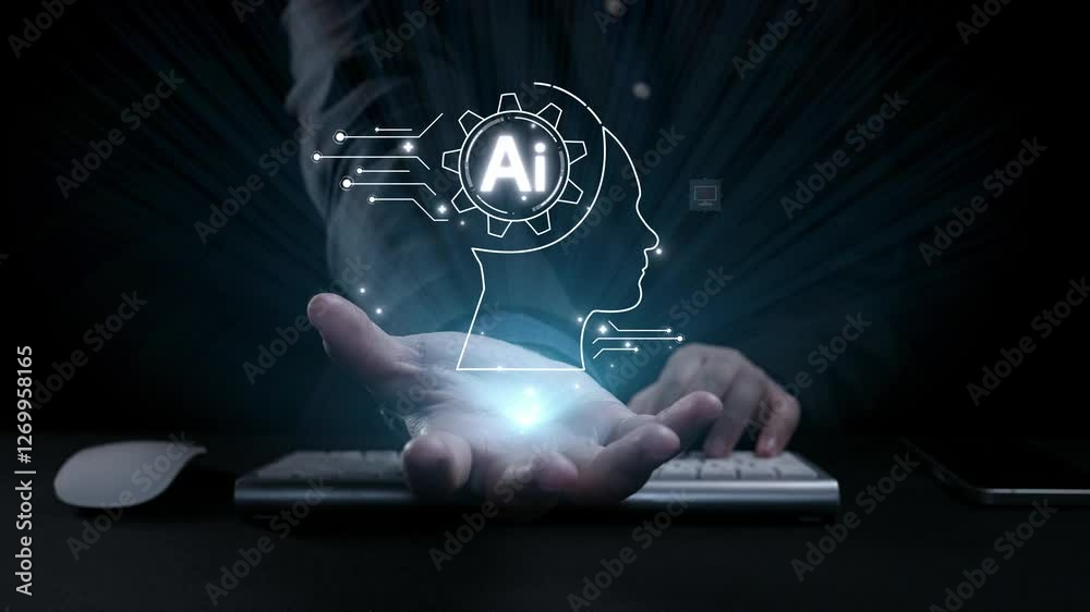Poster human interact with ai artificial intelligence brain processor in concept of ai artificial intellige