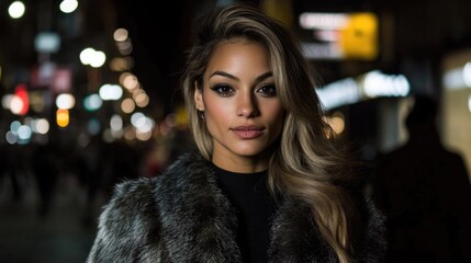 Fototapeta premium Young hispanic female in fur coat posing on night city street with blurred lights