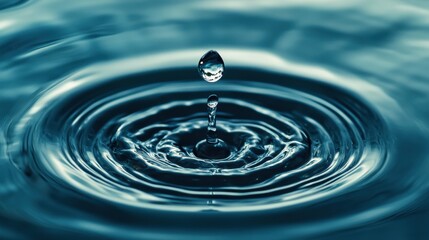A mesmerizing close-up of a water droplet creating ripples in a serene, dark blue body of water.