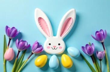 Easter bunny and colorful eggs celebrating spring on blue background