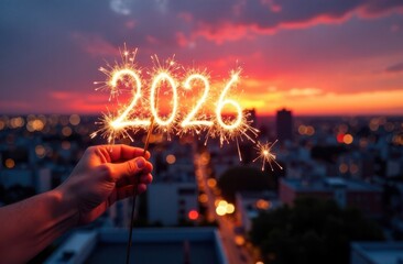 Hand holding sparklers forming 2026 over cityscape at sunset