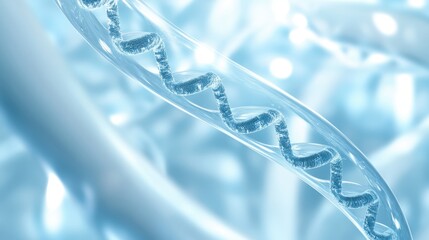 Close-up view of a DNA double helix structure illuminated in soft blue tones, symbolizing advanced genetics and biotechnology.