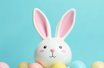 Obraz premium Easter bunny emerging from colorful eggs on turquoise background