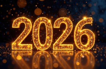 2026 bright golden numbers celebrating new year with fireworks and bokeh effect