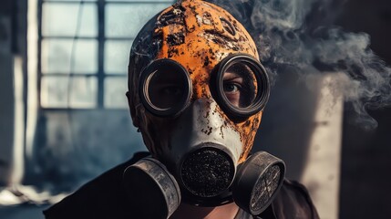 Person in orange gas mask industrial scene