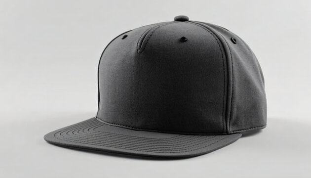 Black snapback cap isolated on gray background for fashion branding mockup